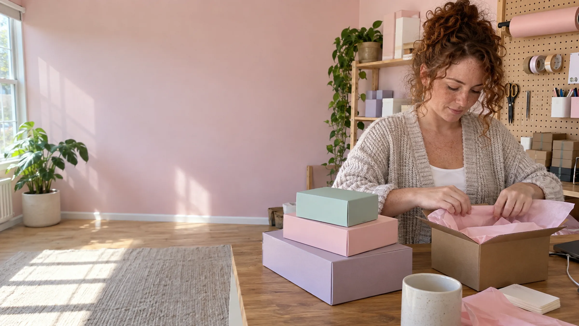 The founder of a small skincare brand packing an order in her sunny studio